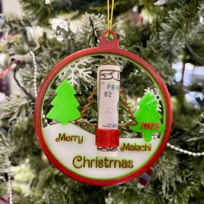 Custom 4in Round Personalized Dollar Bill Christmas Ornament 3 Trees, Snowflakes, Give Cash in Style!