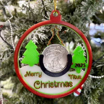 Custom 4in Round Personalized Silver Dollar Coin Christmas Ornament 3 Trees, Snowflakes, Great Gift for the Stacker, Collector in your life!